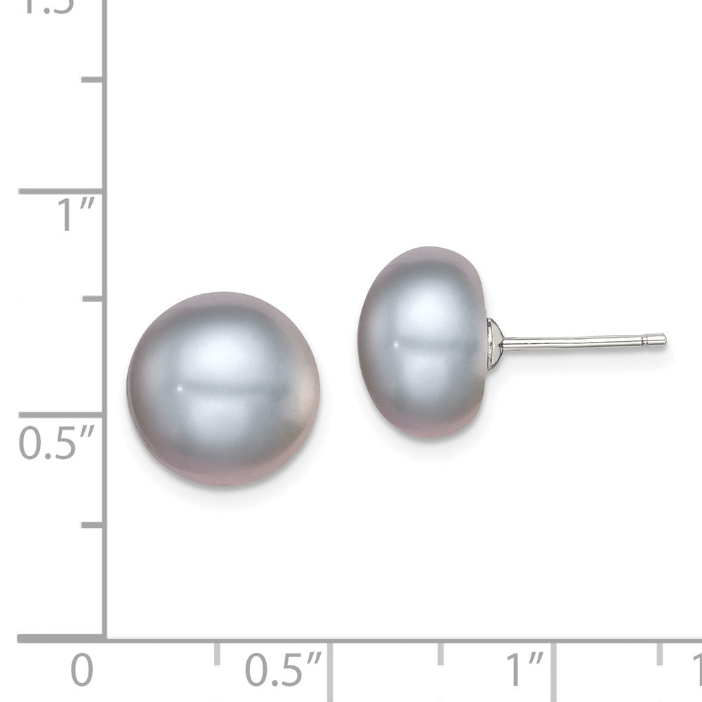 Sterling Silver Rhodium-plated 11-12mm Grey Button Freshwater Cultured Pearl Post Earrings