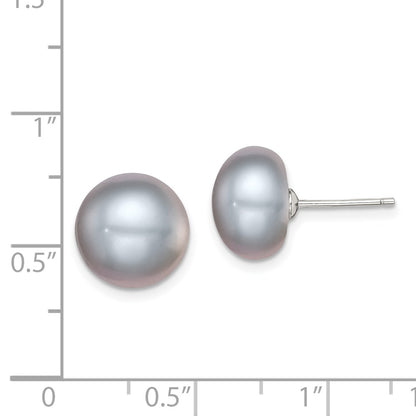Sterling Silver Rhodium-plated 11-12mm Grey Button Freshwater Cultured Pearl Post Earrings