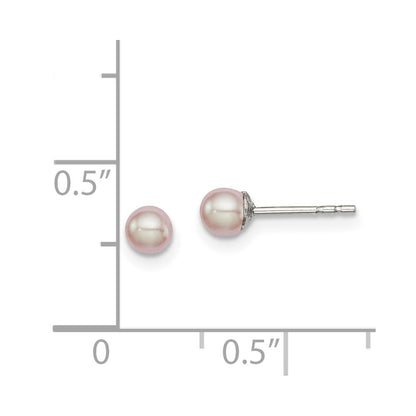 Sterling Silver Rhodium-plated 3-4mm Pink Button Freshwater Cultured Pearl Post Earrings