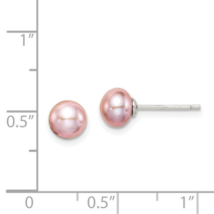 Sterling Silver Rhodium-plated 6-7mm Purple Button Freshwater Cultured Pearl Post Earrings