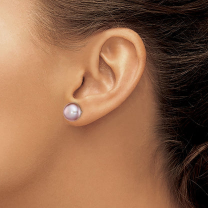 Sterling Silver Rhodium-plated 10-11mm Purple Button Freshwater Cultured Pearl Post Earrings