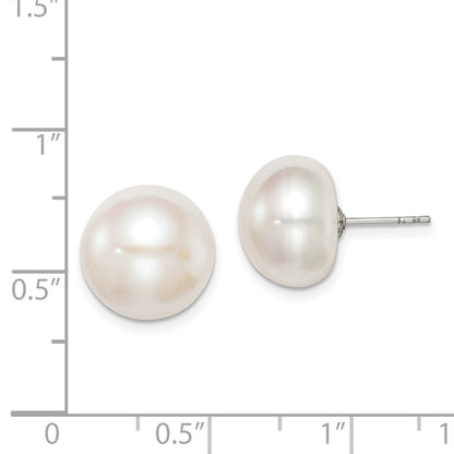 Sterling Silver Rhodium-plated 12-13mm White Button Freshwater Cultured Pearl Post Earrings