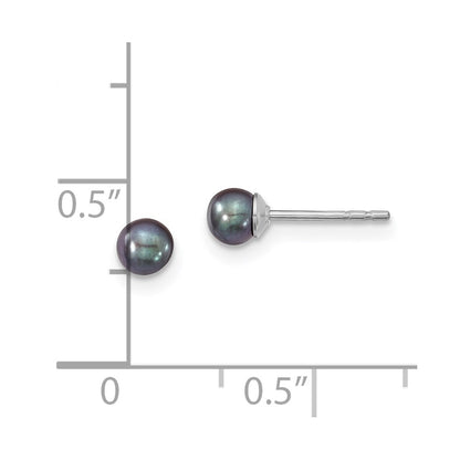 Sterling Silver Rhodium-plated 3-4mm Black Round Freshwater Cultured Pearl Post Earrings