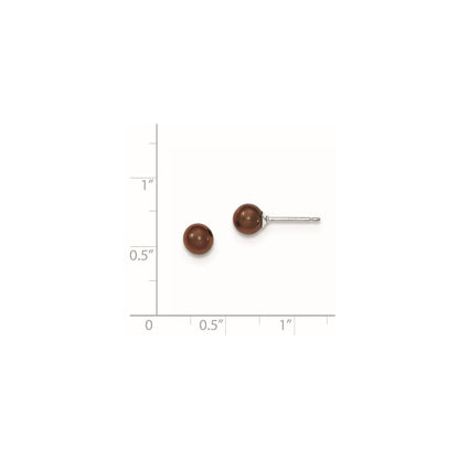 Sterling Silver Rhodium-plated 5-6mm Brown Round Freshwater Cultured Pearl Post Earring