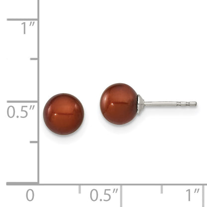 Sterling Silver Rhodium-plated 6-7mm Brown Round Freshwater Cultured Pearl Post Earring