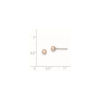 Sterling Silver Rhodium-plated 3-4mm Pink Round Freshwater Cultured Pearl Post Earrings
