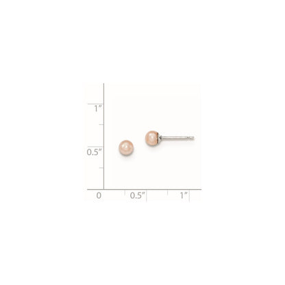 Sterling Silver Rhodium-plated 4-5mm Pink Round Freshwater Cultured Pearl Post Earrings