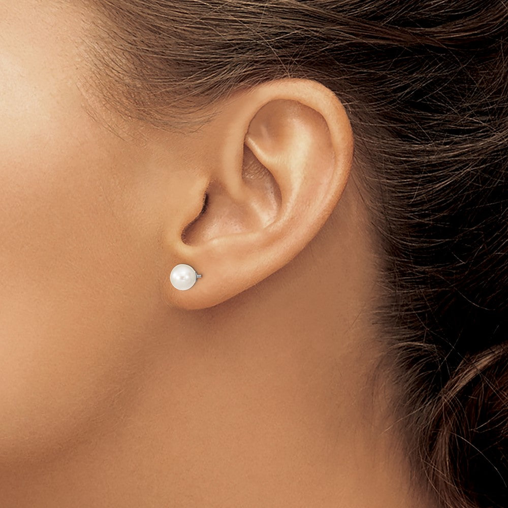Sterling Silver Rhodium-plated 6-7mm White Round Freshwater Cultured Pearl Post Earrings