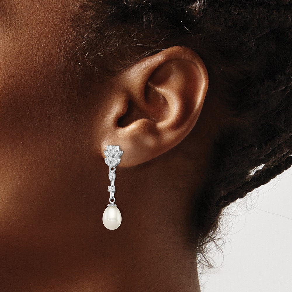 Sterling Silver Rhodium-plated 8-9mm White Teardrop Freshwater Cultured Pearl and CZ Post Dangle Earrings