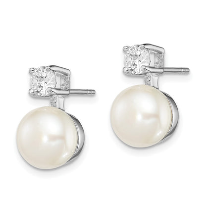Sterling Silver Rhodium-plated 7-8mm White Button Freshwater Cultured Pearl and CZ Post Earrings