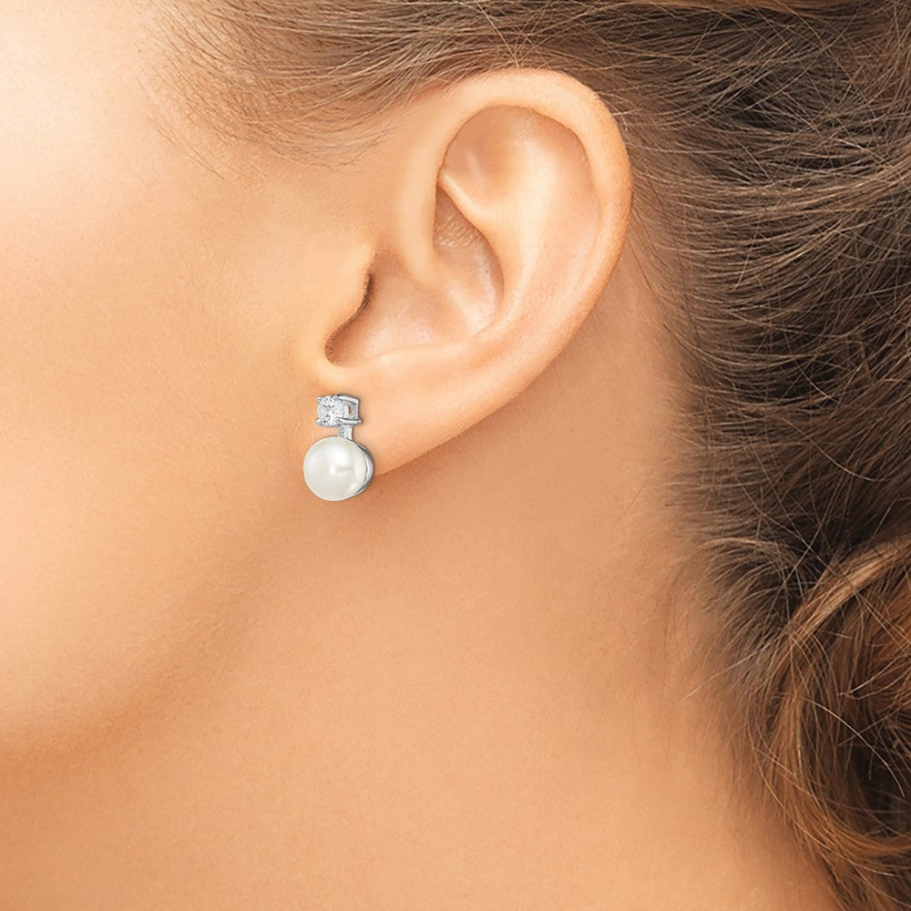 Sterling Silver Rhodium-plated 7-8mm White Button Freshwater Cultured Pearl and CZ Post Earrings