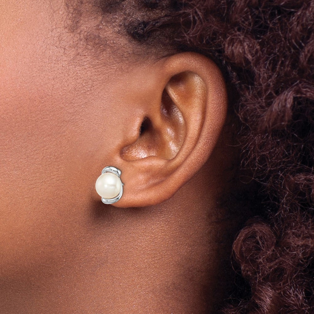 Sterling Silver Rhodium-plated 8-9mm White Button Freshwater Cultured Pearl Post Earrings