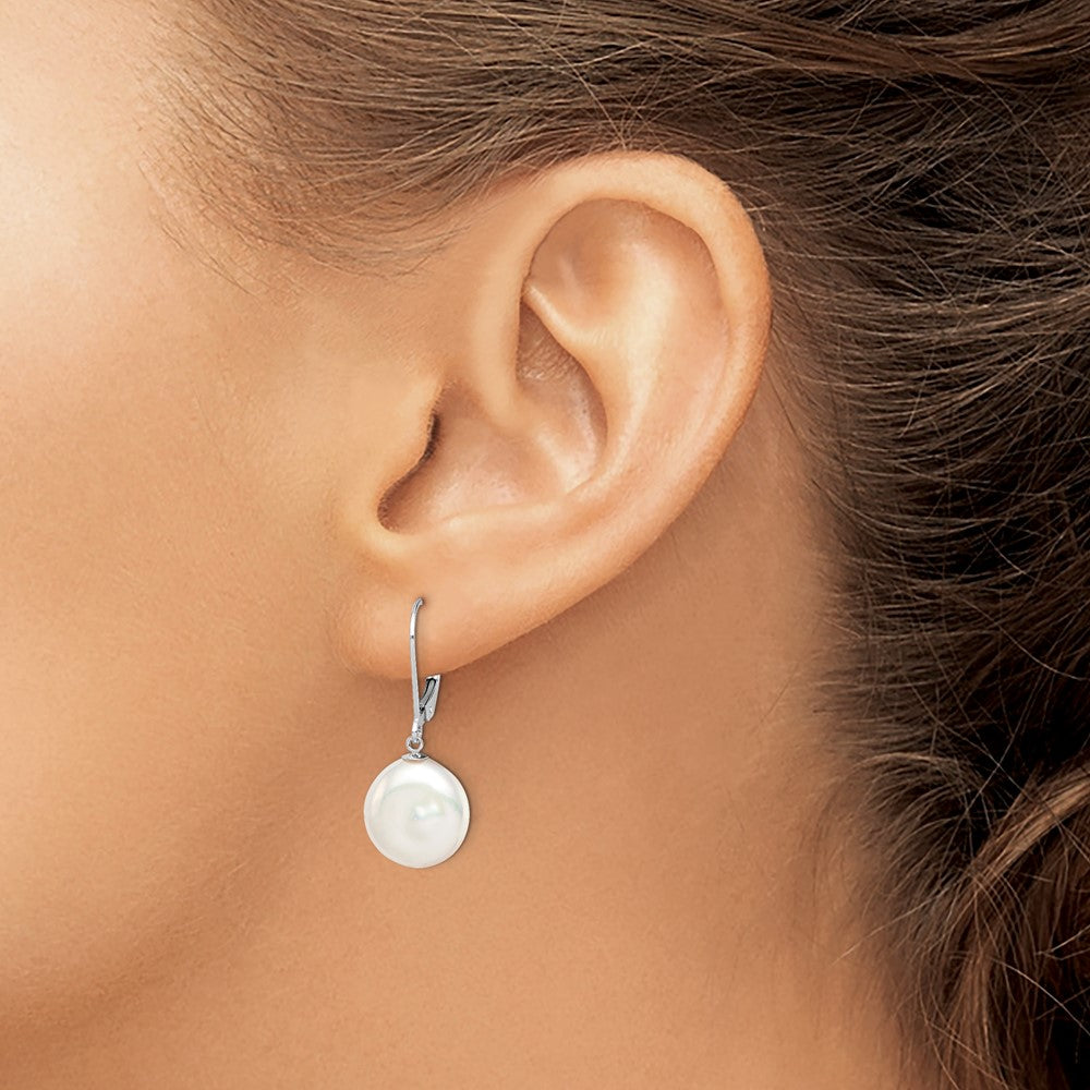 Sterling Silver Rhodium-plated 12-13mm White Coin Freshwater Cultured Pearl Leverback Dangle Earrings