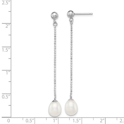 Sterling Silver Rhodium-plated 7-8mm White Rice Freshwater Cultured Pearl Post Dangle Earrings