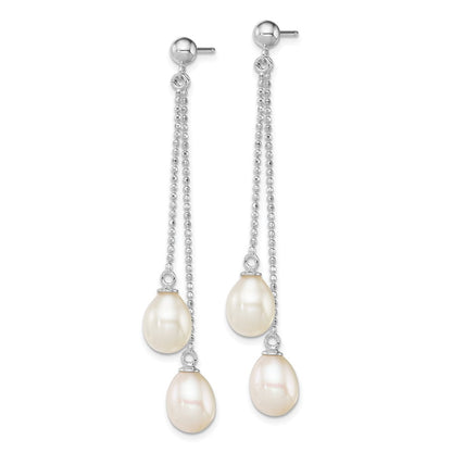 Sterling Silver Rhodium-plated 7-8mm White Rice Freshwater Cultured Pearl Post Dangle Earrings