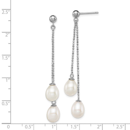Sterling Silver Rhodium-plated 7-8mm White Rice Freshwater Cultured Pearl Post Dangle Earrings