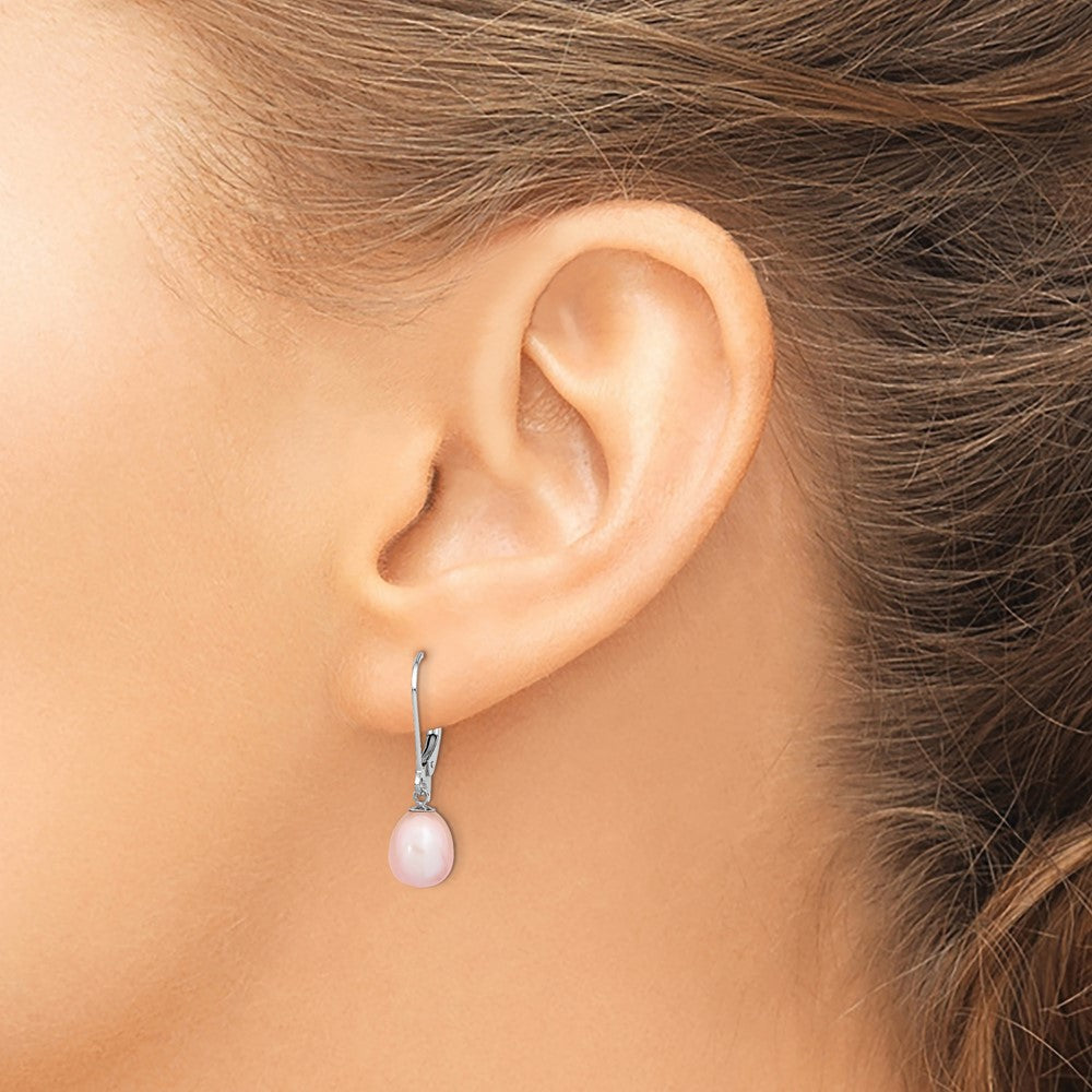 Sterling Silver Rhodium-plated 7-8mm Pink Teardrop Freshwater Cultured Pearl Leverback Dangle Earrings