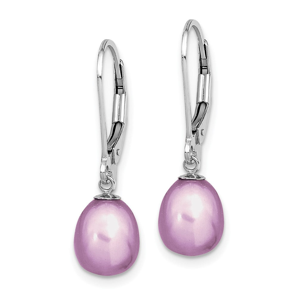 Sterling Silver Rhodium-plated 7-8mm Purple Teardrop Freshwater Cultured Pearl Leverback Dangle Earrings