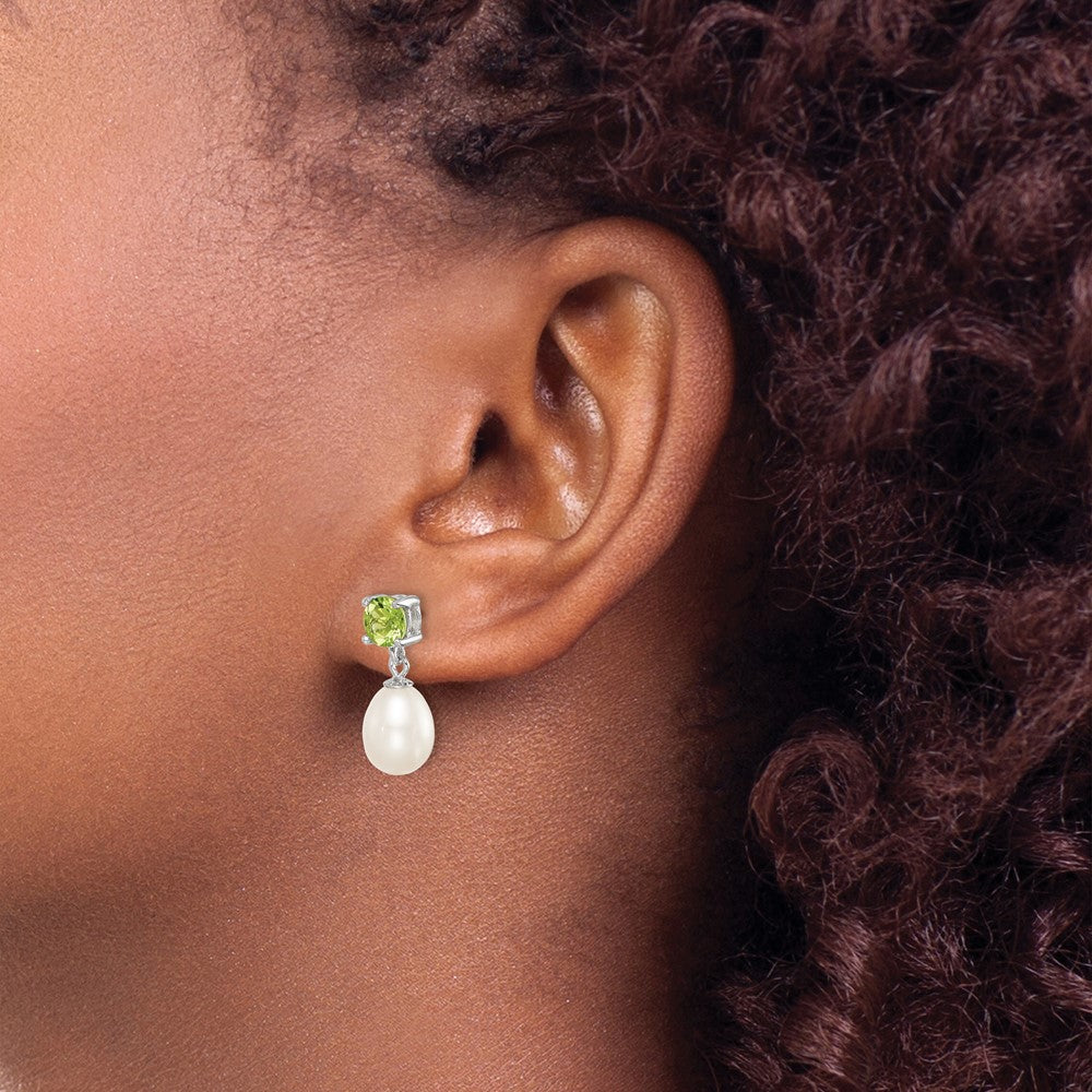 Sterling Silver Rhodium-plated 7-8mm White Teardrop Freshwater Cultured Pearl and 1.12PE Peridot Post Dangle Earrings