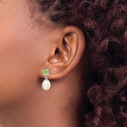 Sterling Silver Rhodium-plated 7-8mm White Teardrop Freshwater Cultured Pearl and 1.12PE Peridot Post Dangle Earrings