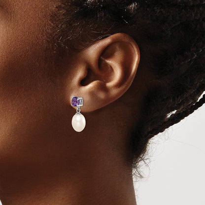 Sterling Silver Rhodium-plated 7-8mm White Teardrop Freshwater Cultured Pearl and .84AM Amethyst Post Dangle Earrings
