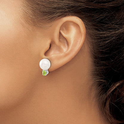 Sterling Silver Rhod-pltd 10-11mm FWC Button Pearl Peridot Earrings