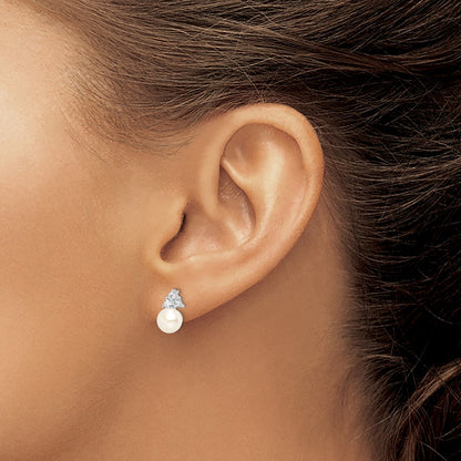 Sterling Silver Rhodium-plated 6-7mm White Button Freshwater Cultured Pearl and CZ Post Earrings