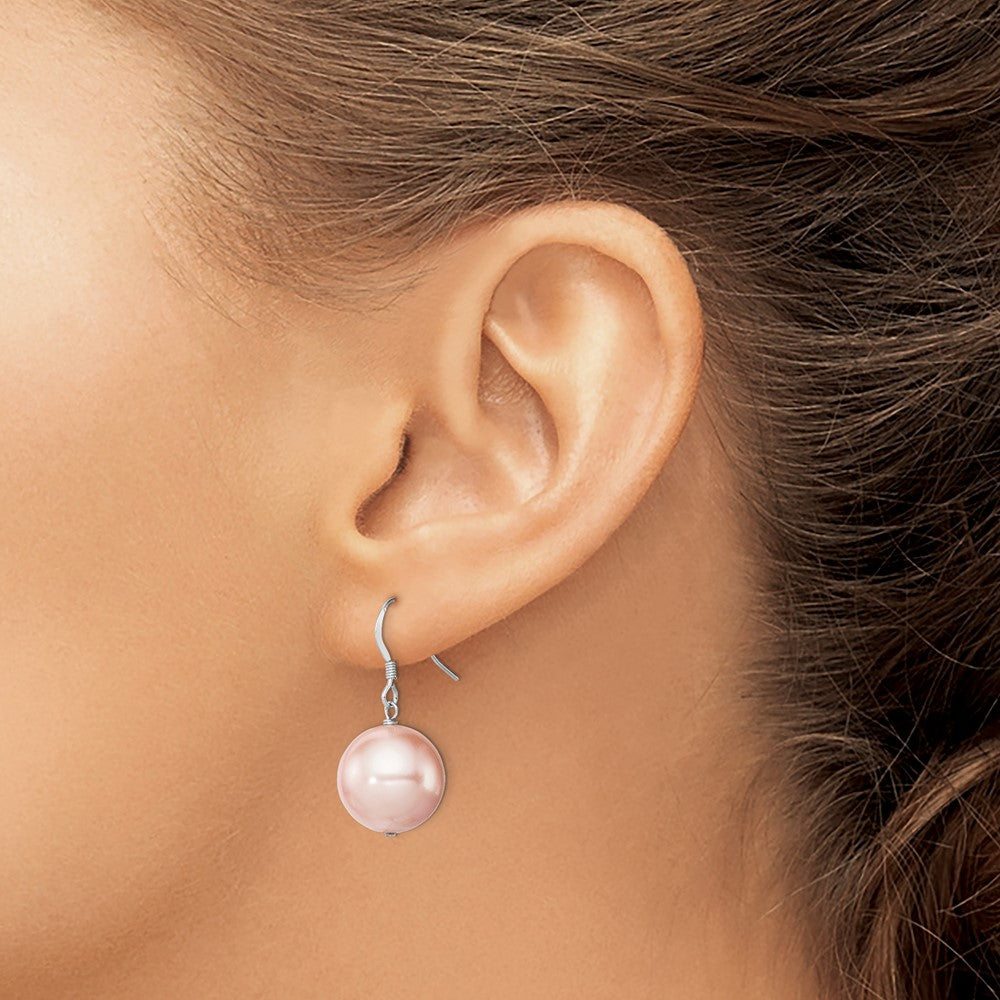 Sterling Silver Rhodium-plated 14-15mm Pink Round Shell Pearl Dangle Earrings