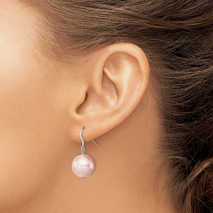 Sterling Silver Rhodium-plated 14-15mm Pink Round Shell Pearl Dangle Earrings