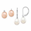 Sterling Silver Rhodium-plated 7-8mm Pink and White Rice Freshwater Cultured Pearl Leverback 2-piece Enhancer Set