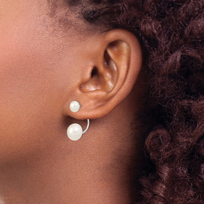 Sterling Silver Rhodium-plated 5-6mm and 8-9mm White Button Freshwater Cultured Pearl Front and Back Post Dangle Earrings