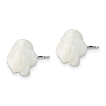 Sterling Silver Rhodium-plated 10mm White Mother of Pearl Flower Post Earrings