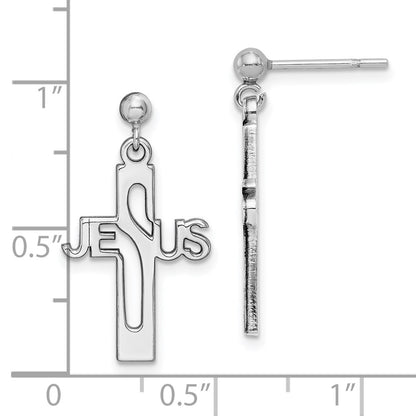 Sterling Silver Rhod-plated Polished JESUS Cross Post Dangle Earrings