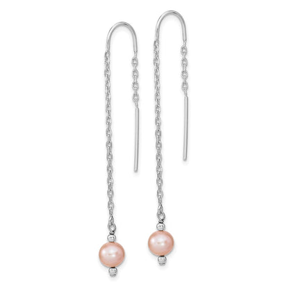 Sterling Silver Rhodium-plated 6-7mm Pink Semi-Round Freshwater Cultured Pearl Threader Earrings