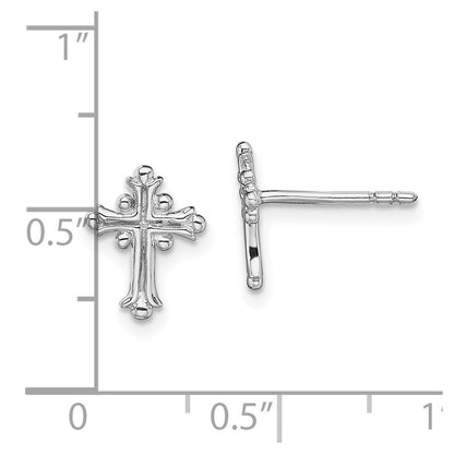 Sterling Silver RH-pltd Polished Textured Budded Cross Post Earrings