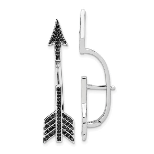 Sterling Silver Rhodium-plated Polished Black CZ Arrow Hinged Post Earrings
