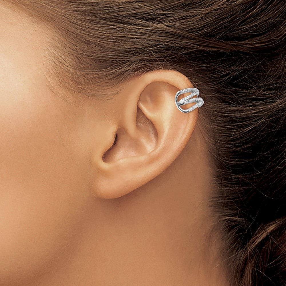 Sterling Silver Rhodium-plated Polished CZ Double 'X' Single Cuff Earring
