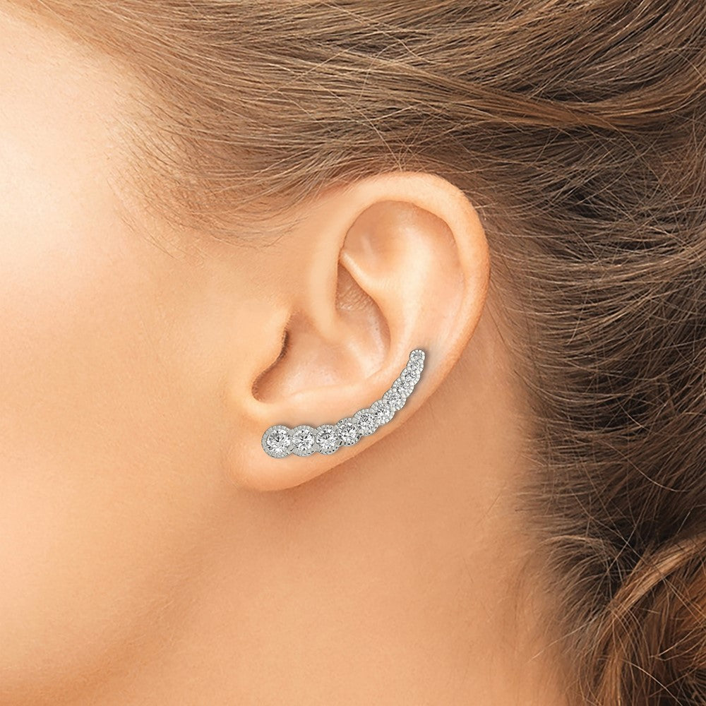 Sterling Silver Polished & Textured Graduated CZ Ear Climber Earrings