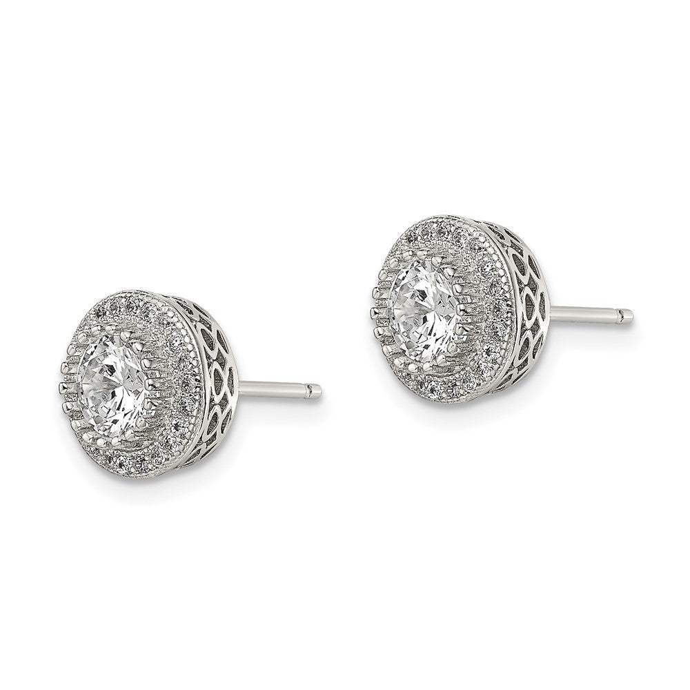 Sterling Silver Rhod-plated Polished Pav CZ Halo Round Post Earrings