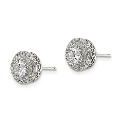 Sterling Silver Rhod-plated Polished Pav CZ Halo Round Post Earrings