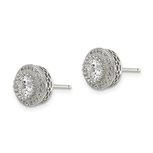 Sterling Silver Rhod-plated Polished Pav CZ Halo Round Post Earrings