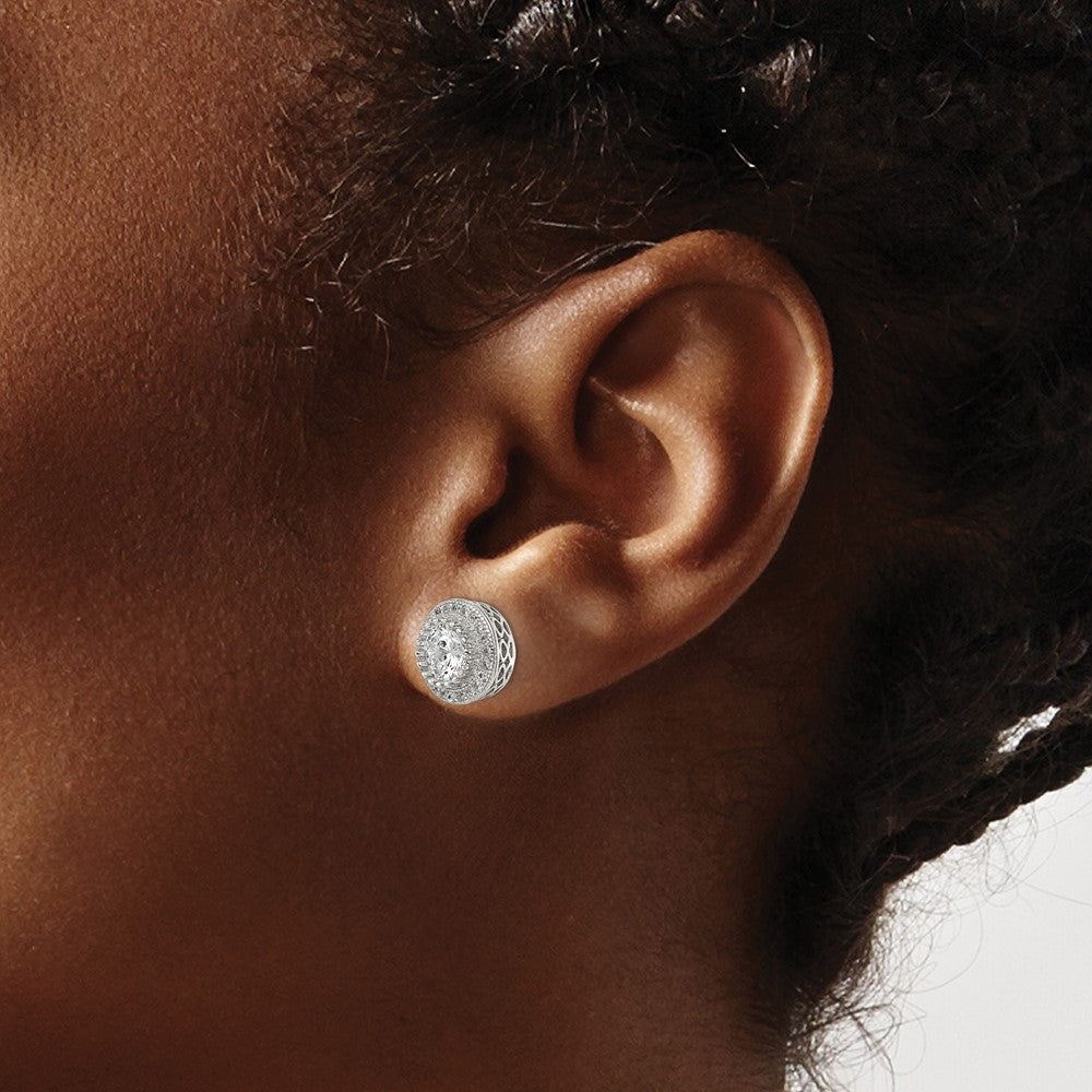 Sterling Silver Rhod-plated Polished Pav CZ Halo Round Post Earrings