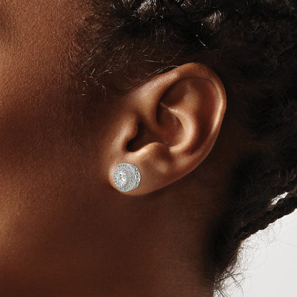 Sterling Silver Rhod-plated Polished Pav CZ Halo Round Post Earrings