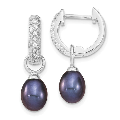 Sterling Silver Rhodium-plated 7-8mm Black and White Rice Freshwater Cultured Pearl and CZ Interchangeable Post Earrings Set