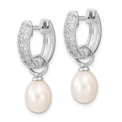 Sterling Silver Rhodium-plated 7-8mm Black and White Rice Freshwater Cultured Pearl and CZ Interchangeable Post Earrings Set