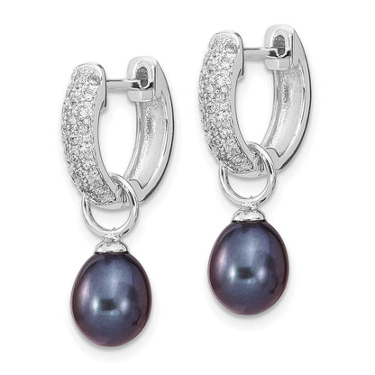 Sterling Silver Rhodium-plated 7-8mm Black and White Rice Freshwater Cultured Pearl and CZ Interchangeable Post Earrings Set