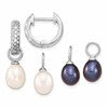 Sterling Silver Rhodium-plated 7-8mm Black and White Rice Freshwater Cultured Pearl and CZ Interchangeable Post Earrings Set