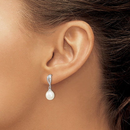 Sterling Silver Rhodium-plated 7-8mm White Rice Freshwater Cultured Pearl Post Dangle Earrings