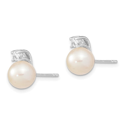 Sterling Silver Rhodium-plated 8-9mm White Semi-Round Freshwater Cultured Pearl and CZ Post Earrings