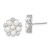 Sterling Silver Rhodium-plated 3-5mm White Button Freshwater Cultured Pearl and CZ Flower Post Earrings